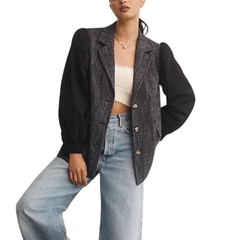 Anthropologie Maeve Mixed Media Relaxed Jacket, Button Front, Wool Blend, Size 4